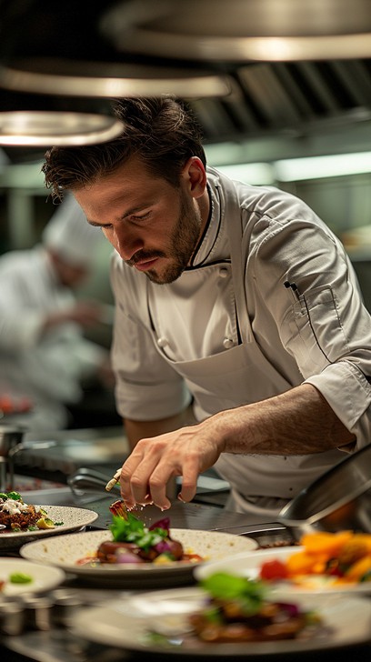 Chef finishing a dish in the kitchen